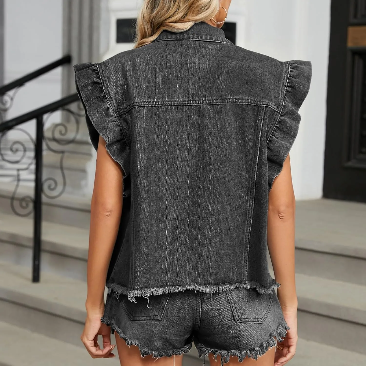 2025 Women's Denim Y2K Vintage Jean Crop Top Ruffle Sleeve Collared Neck Button Down Summer Casual Jacket
