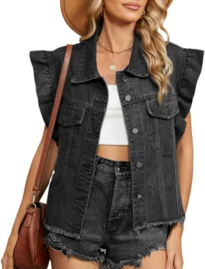2025 Women's Denim Y2K Vintage Jean Crop Top Ruffle Sleeve Collared Neck Button Down Summer Casual Jacket
