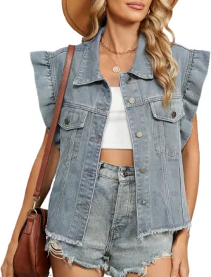 2025 Women's Denim Y2K Vintage Jean Crop Top Ruffle Sleeve Collared Neck Button Down Summer Casual Jacket