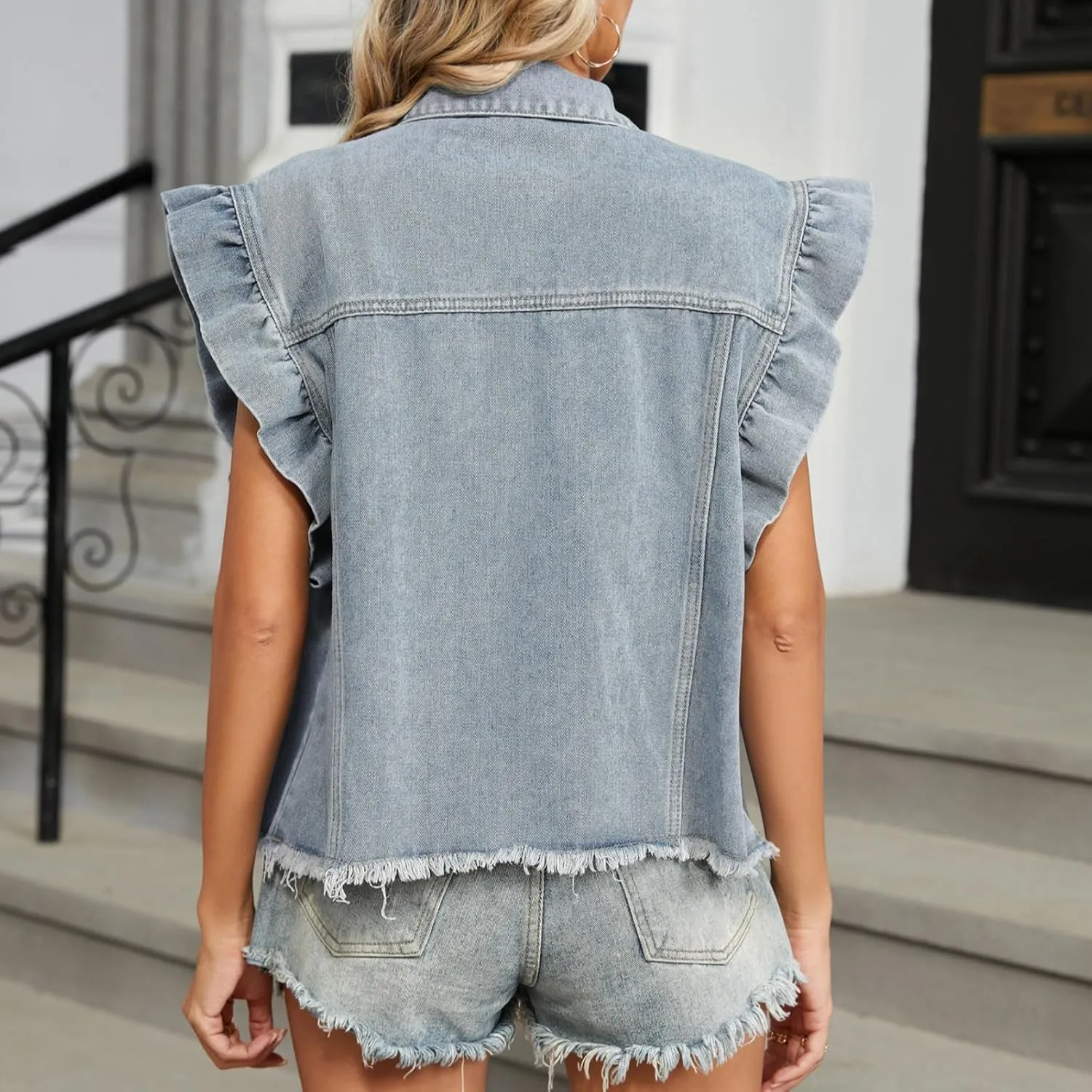 2025 Women's Denim Y2K Vintage Jean Crop Top Ruffle Sleeve Collared Neck Button Down Summer Casual Jacket