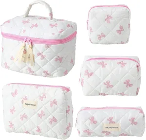 5 PCS Bow Makeup Bag Set for Women Coquette Cosmetic Makeup Bag Cute Floral Cotton Makeup Bag Bow Makeup Bag Large Aesthetic Makeup Bag Set For Women Girls (Pink Bow)