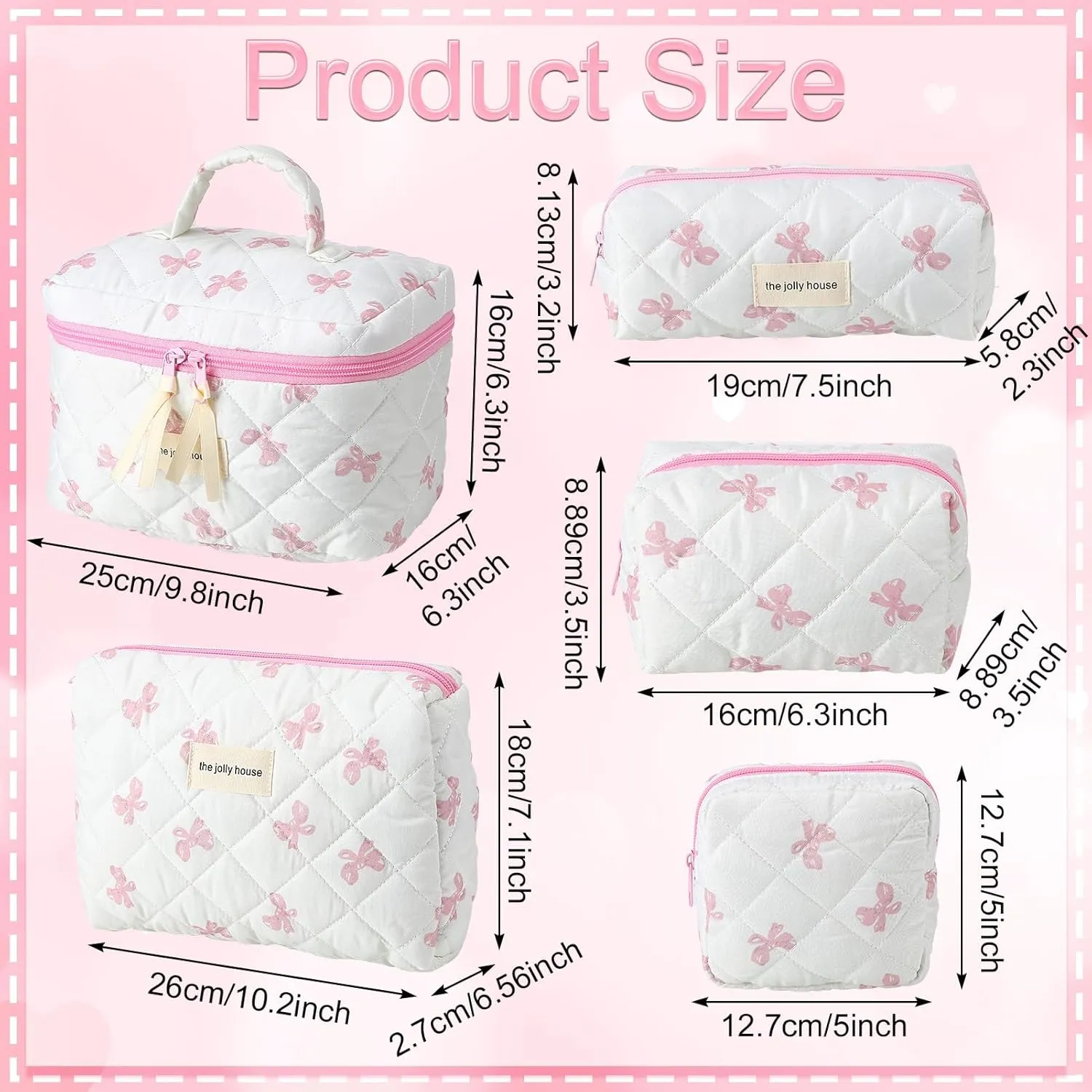 5 PCS Bow Makeup Bag Set for Women Coquette Cosmetic Makeup Bag Cute Floral Cotton Makeup Bag Bow Makeup Bag Large Aesthetic Makeup Bag Set For Women Girls (Pink Bow)