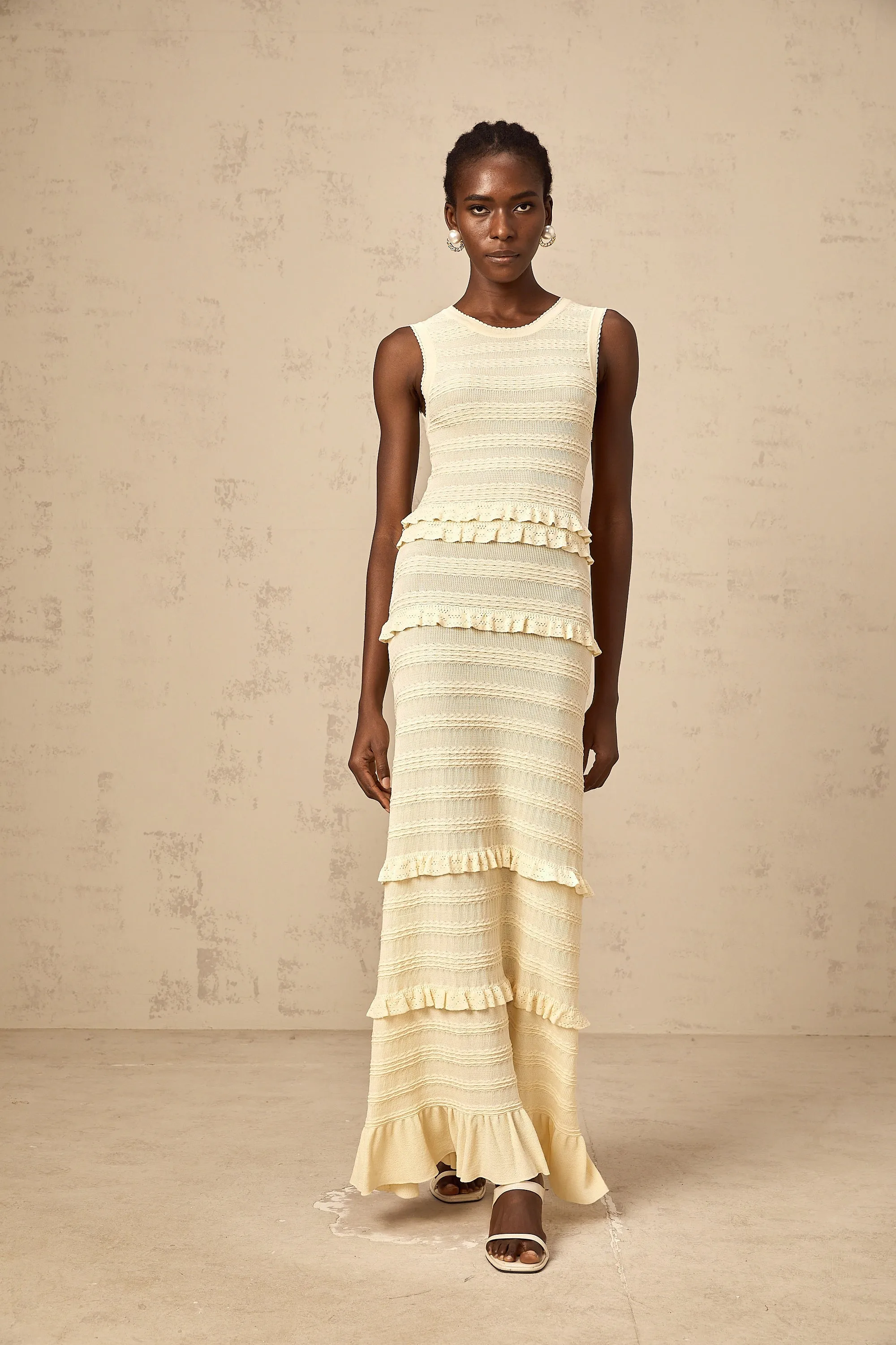 Airelle beige ruffled sleeveless knit maxi dress