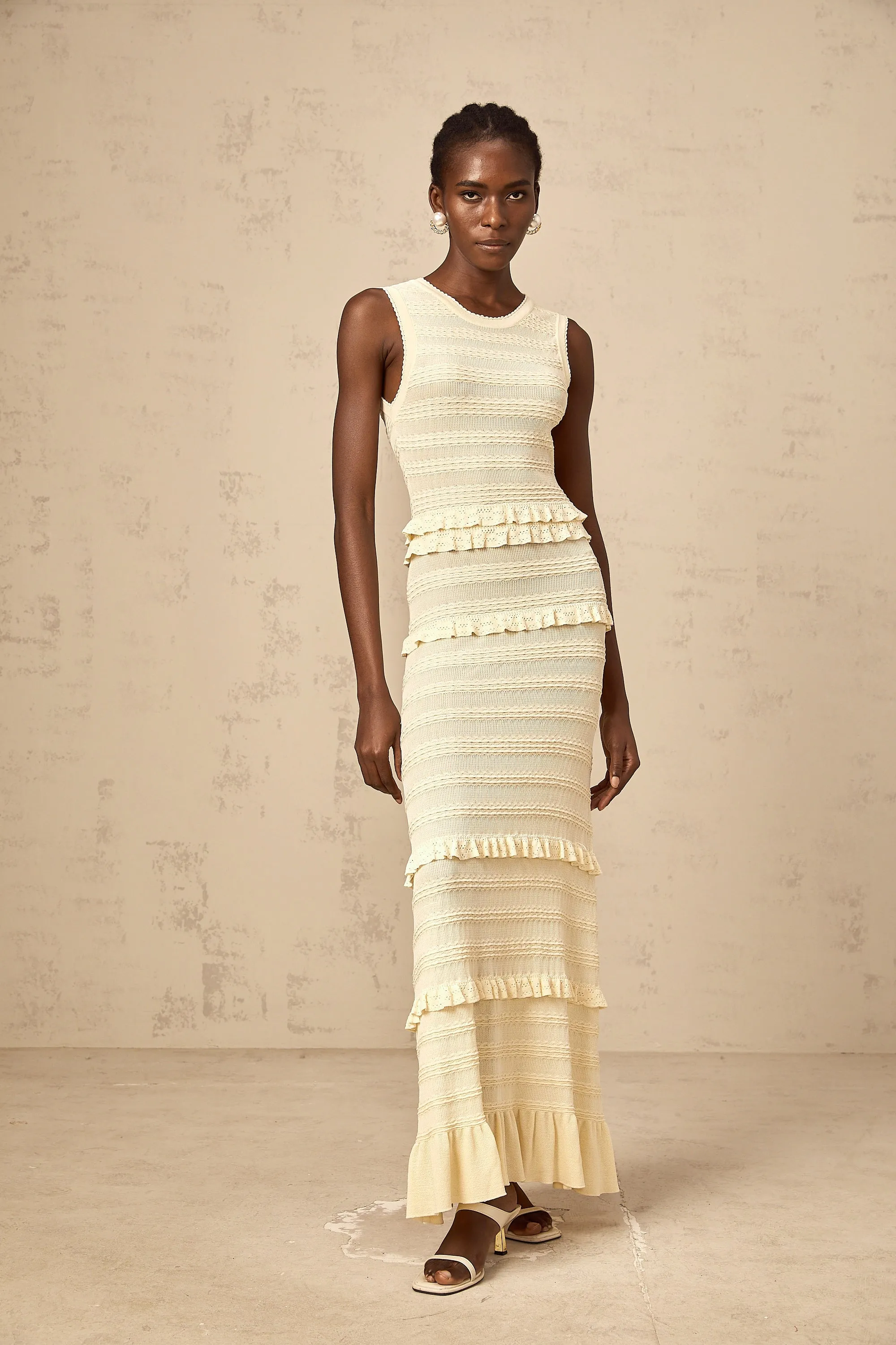 Airelle beige ruffled sleeveless knit maxi dress
