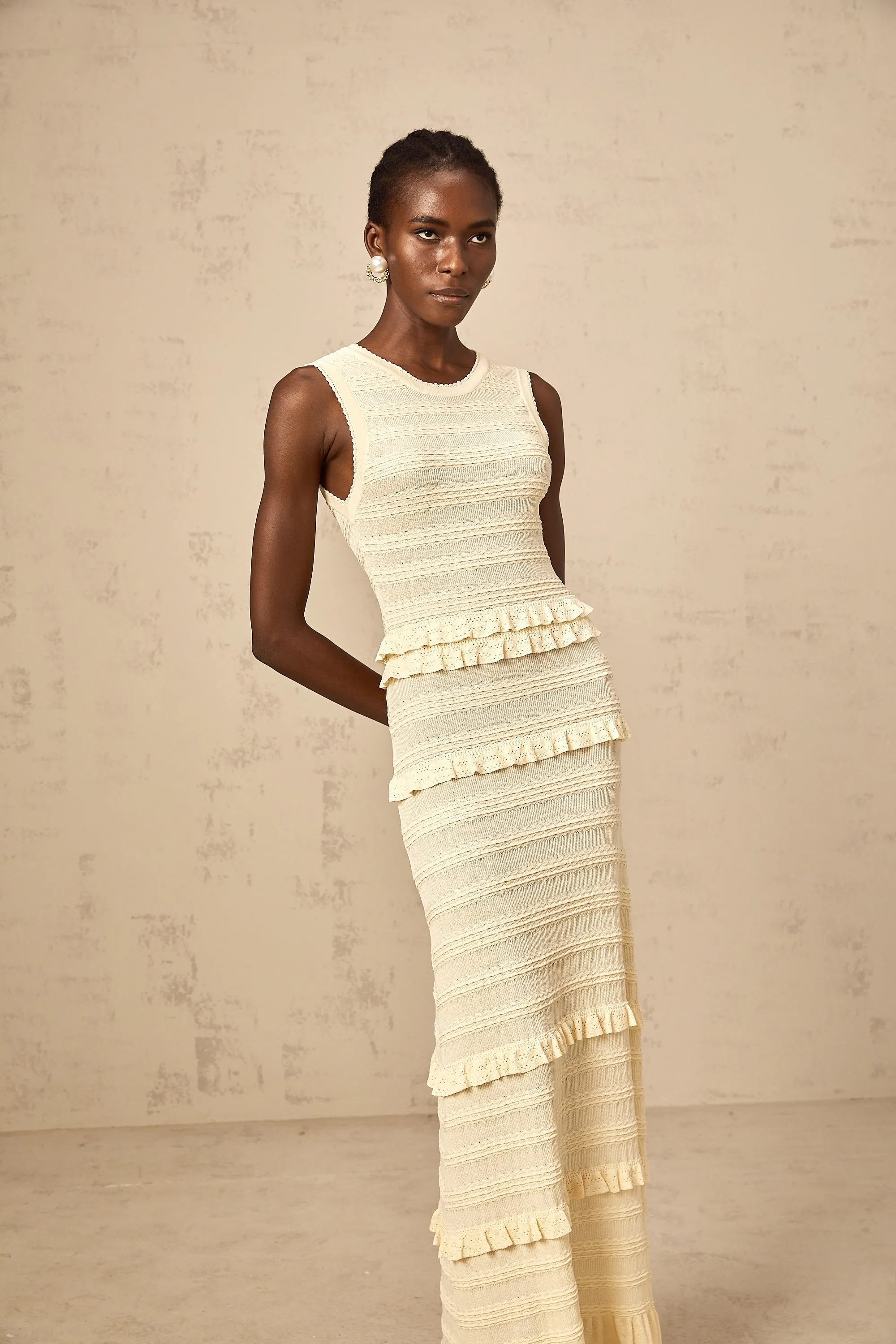 Airelle beige ruffled sleeveless knit maxi dress