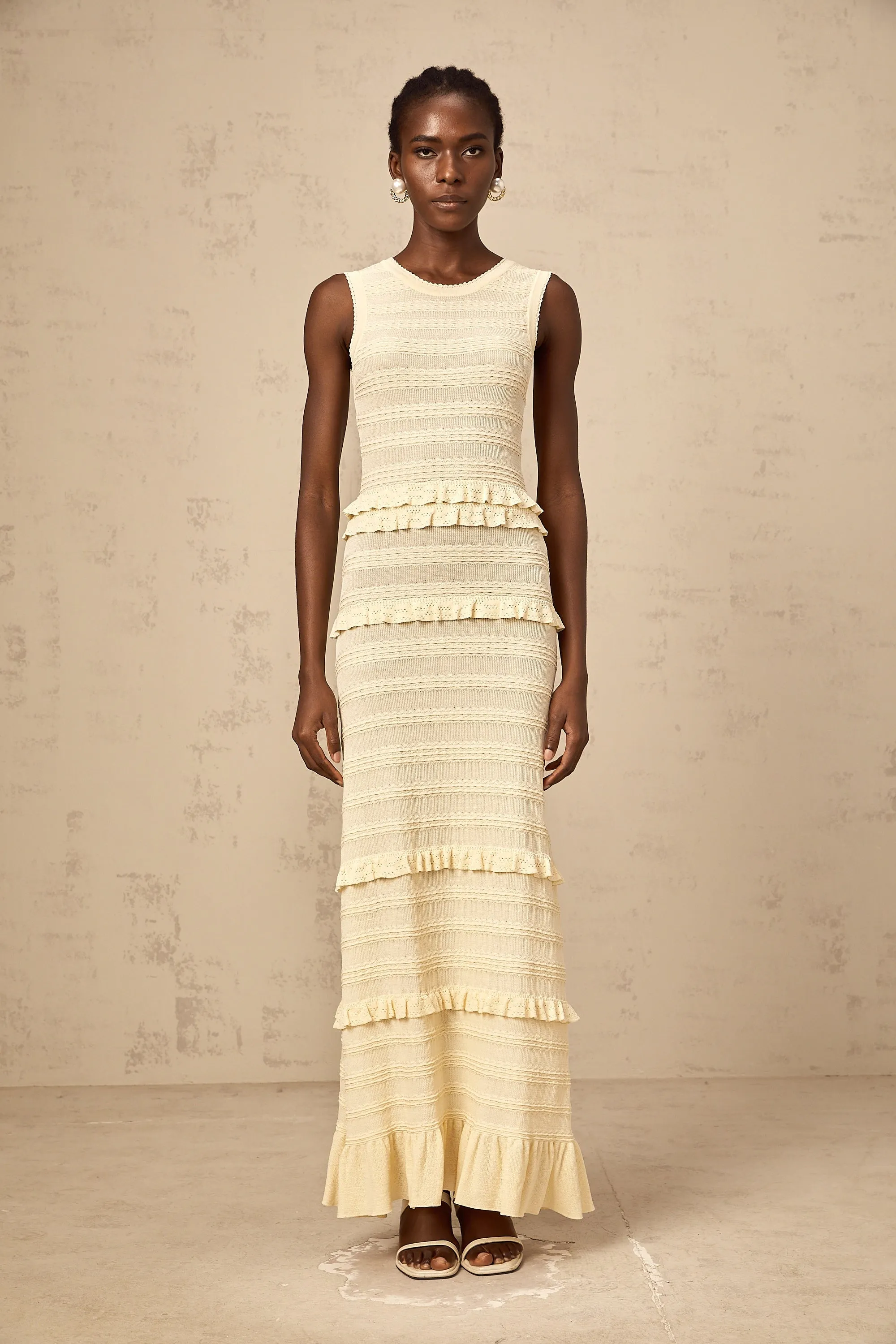 Airelle beige ruffled sleeveless knit maxi dress