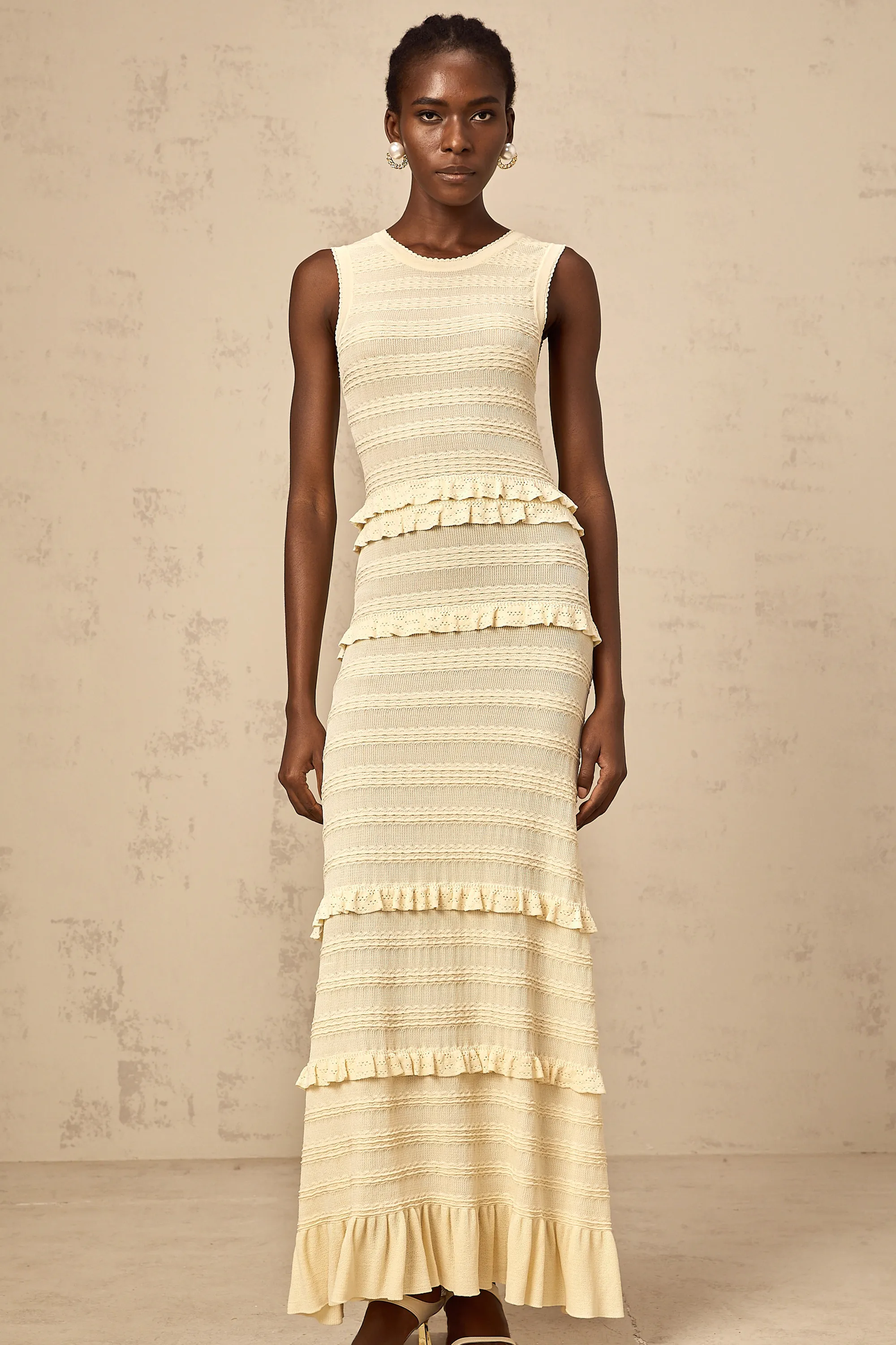 Airelle beige ruffled sleeveless knit maxi dress