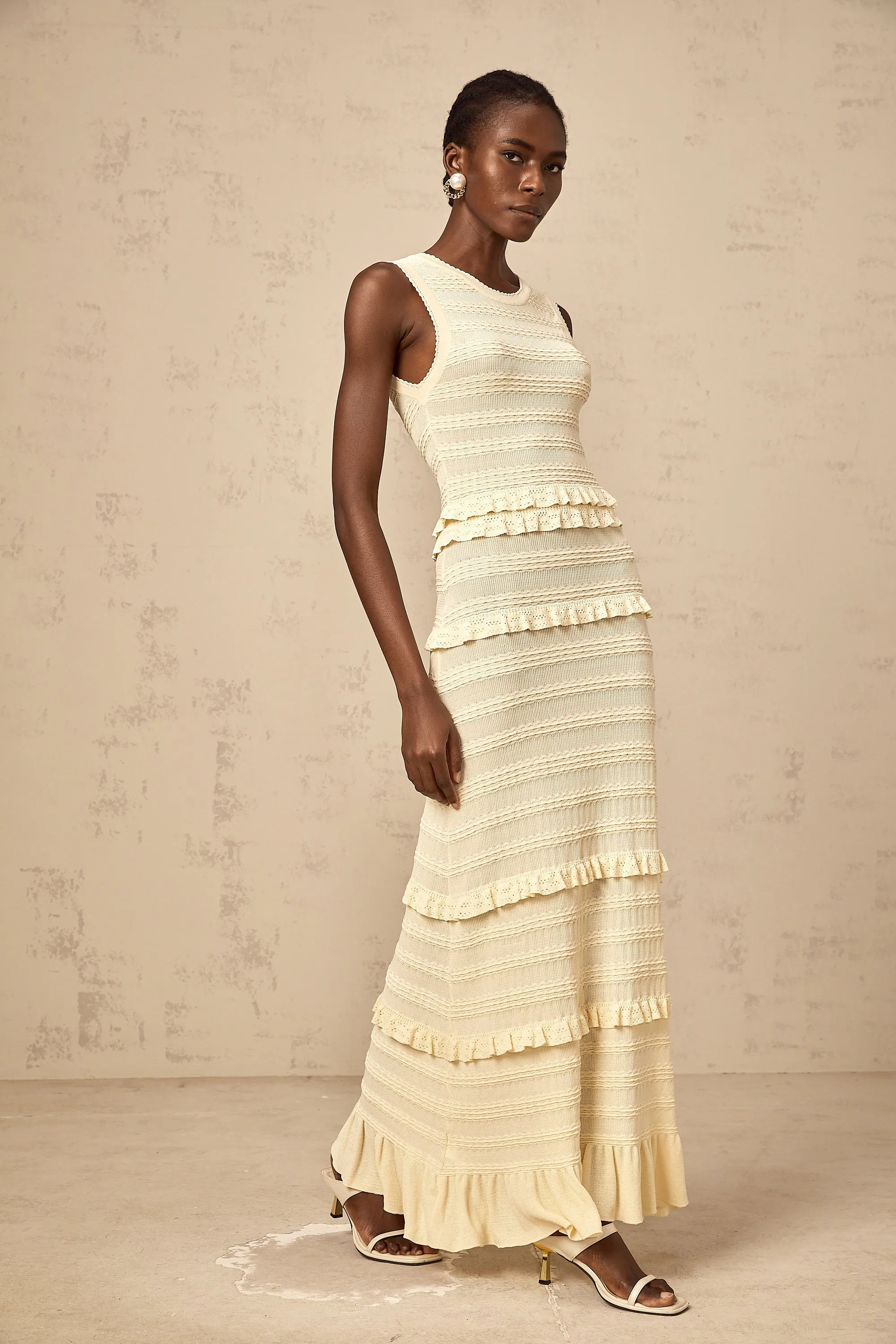 Airelle beige ruffled sleeveless knit maxi dress
