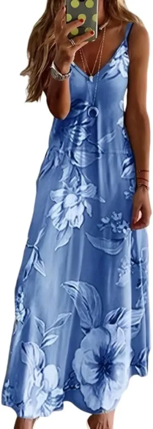 Akivide Womens Summer Boho Floral Printed Spaghetti Strap Maxi Dresses Casual V-Neck Sleeveless Beach A-line Sundress 2024
