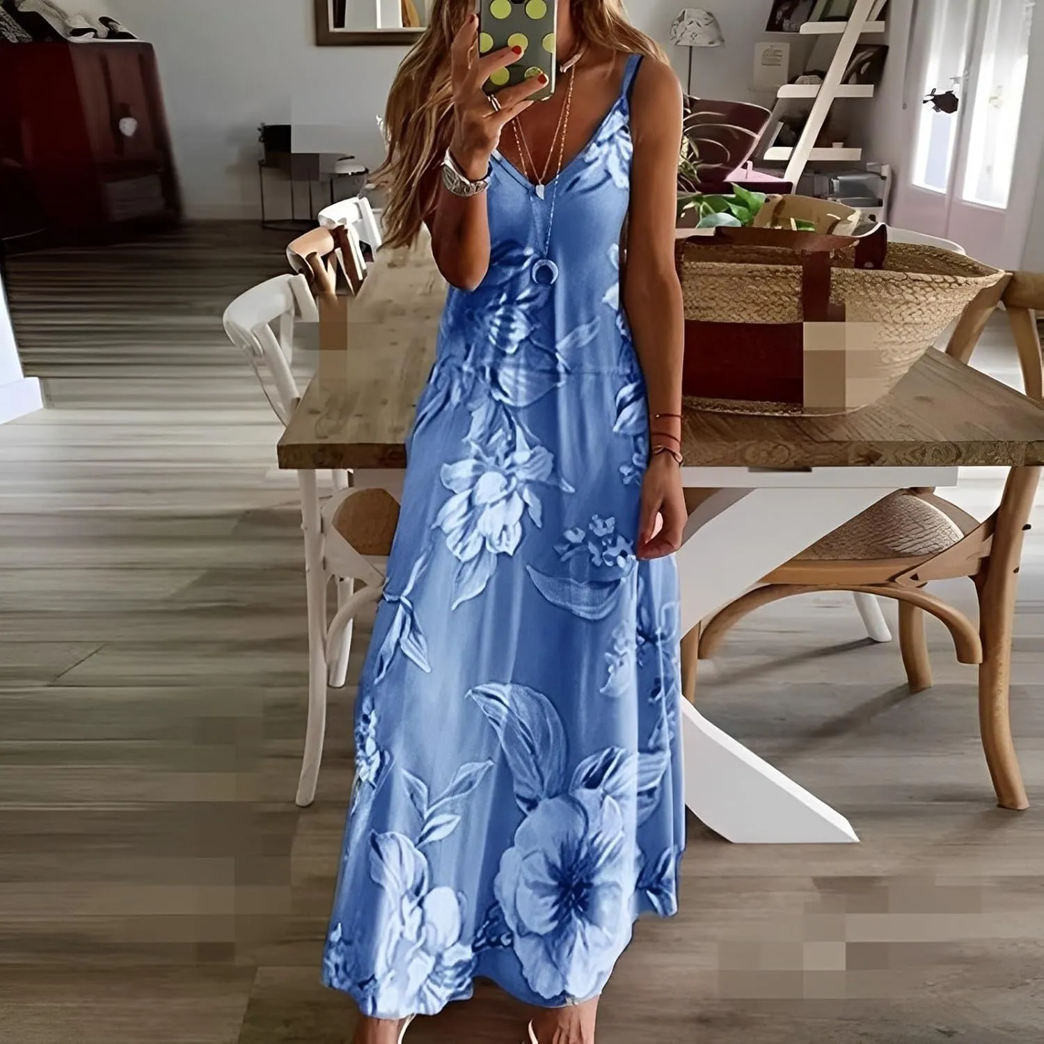 Akivide Womens Summer Boho Floral Printed Spaghetti Strap Maxi Dresses Casual V-Neck Sleeveless Beach A-line Sundress 2024