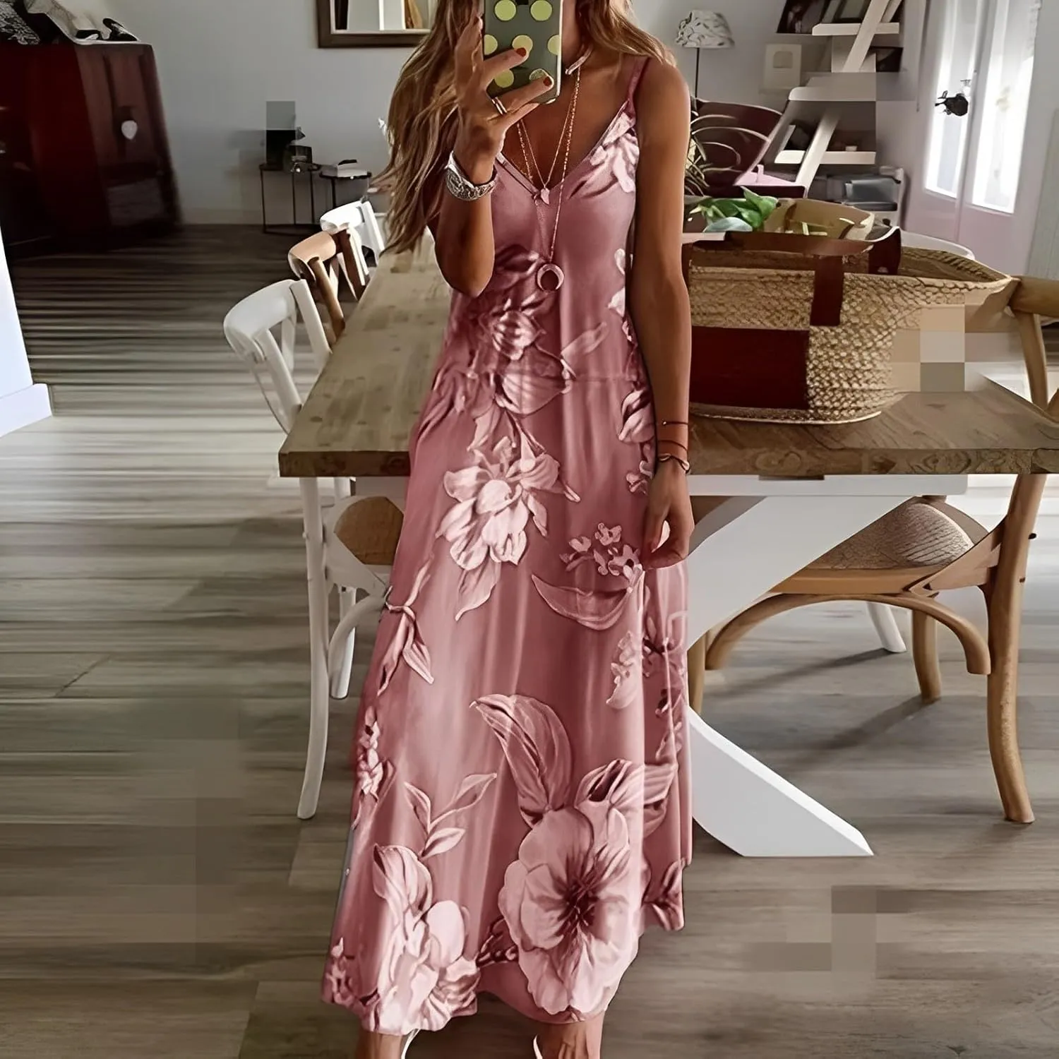 Akivide Womens Summer Boho Floral Printed Spaghetti Strap Maxi Dresses Casual V-Neck Sleeveless Beach A-line Sundress 2024