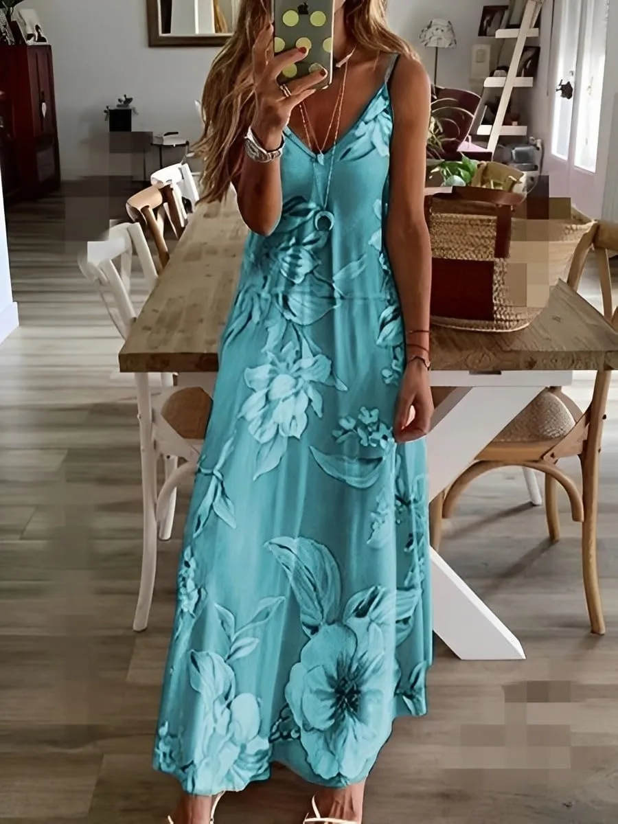 Akivide Womens Summer Boho Floral Printed Spaghetti Strap Maxi Dresses Casual V-Neck Sleeveless Beach A-line Sundress 2024