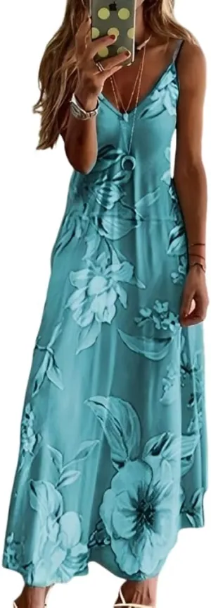 Akivide Womens Summer Boho Floral Printed Spaghetti Strap Maxi Dresses Casual V-Neck Sleeveless Beach A-line Sundress 2024