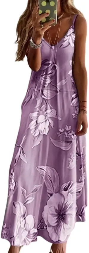 Akivide Womens Summer Boho Floral Printed Spaghetti Strap Maxi Dresses Casual V-Neck Sleeveless Beach A-line Sundress 2024