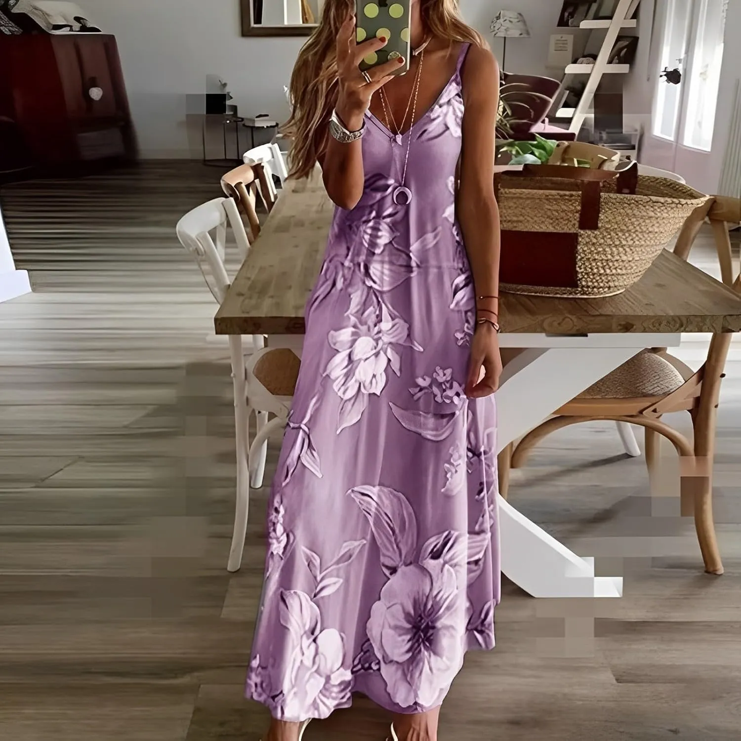 Akivide Womens Summer Boho Floral Printed Spaghetti Strap Maxi Dresses Casual V-Neck Sleeveless Beach A-line Sundress 2024