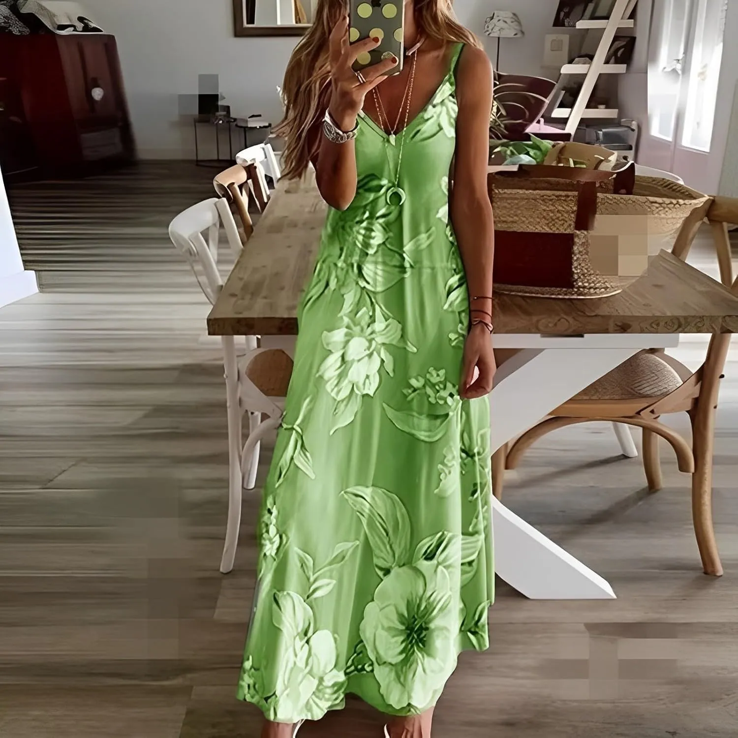 Akivide Womens Summer Boho Floral Printed Spaghetti Strap Maxi Dresses Casual V-Neck Sleeveless Beach A-line Sundress 2024