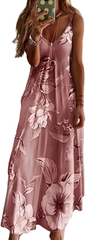 Akivide Womens Summer Boho Floral Printed Spaghetti Strap Maxi Dresses Casual V-Neck Sleeveless Beach A-line Sundress 2024