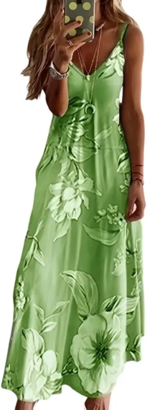 Akivide Womens Summer Boho Floral Printed Spaghetti Strap Maxi Dresses Casual V-Neck Sleeveless Beach A-line Sundress 2024