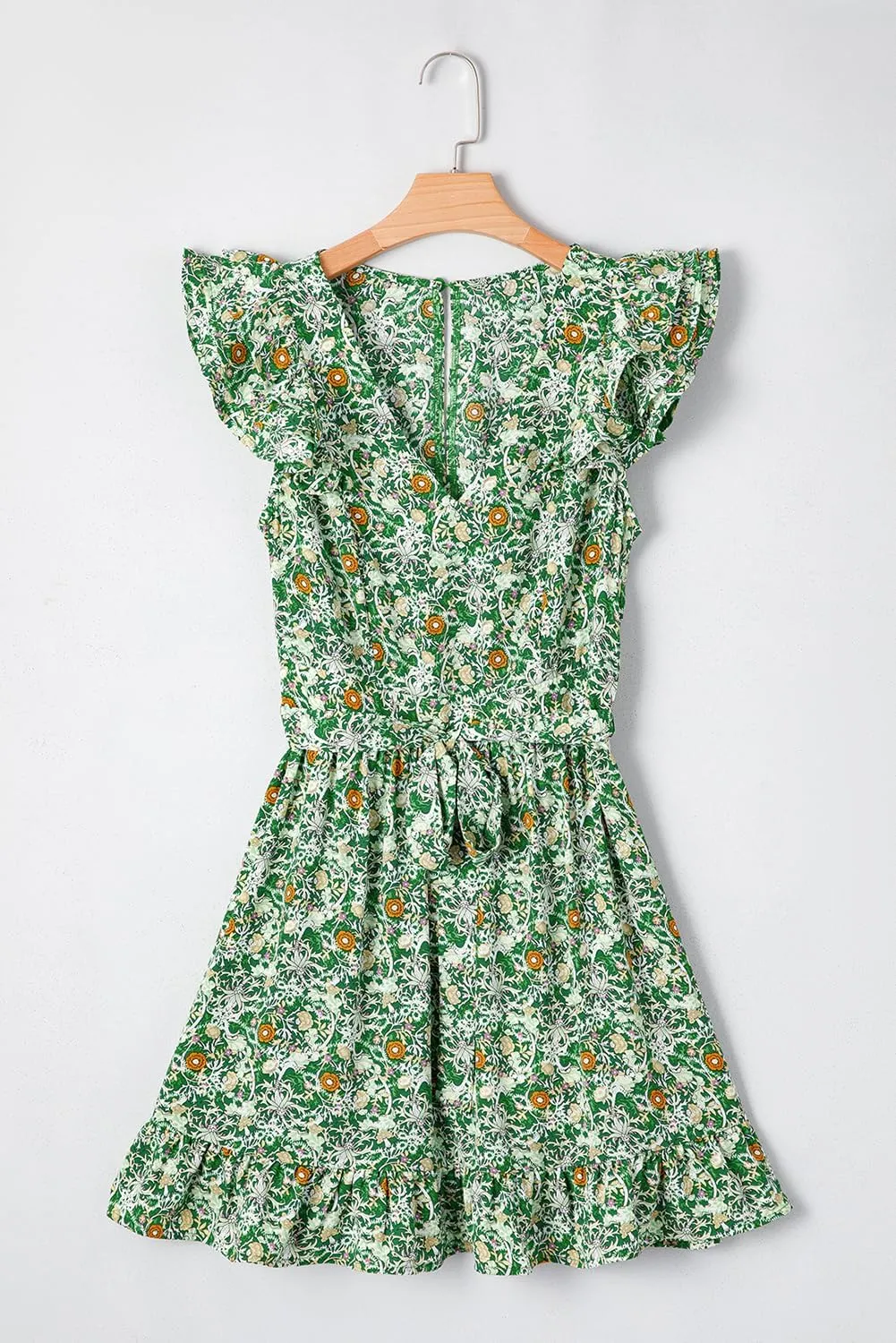 Apvirdy Women's Flower Print Flowy Mini Dress Flutter Sleeve V Neck A-Line Ruffle Dress with Belt