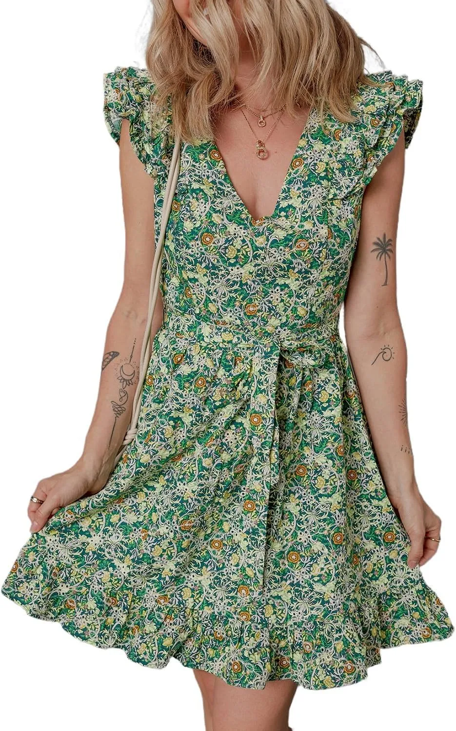Apvirdy Women's Flower Print Flowy Mini Dress Flutter Sleeve V Neck A-Line Ruffle Dress with Belt
