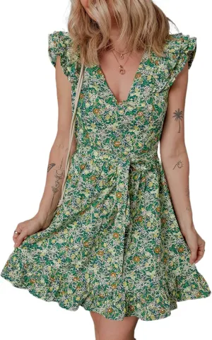 Apvirdy Women's Flower Print Flowy Mini Dress Flutter Sleeve V Neck A-Line Ruffle Dress with Belt