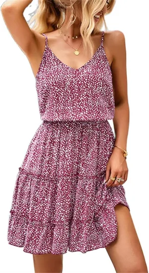 BLAZOR Women's Summer Leopard Print Spaghetti Strap Flowy Mini Dress Sleeveless V Neck Boho Casual Swing Ruffle Beach Dresses