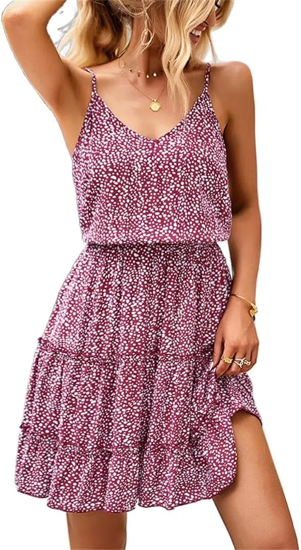 BLAZOR Women's Summer Leopard Print Spaghetti Strap Flowy Mini Dress Sleeveless V Neck Boho Casual Swing Ruffle Beach Dresses
