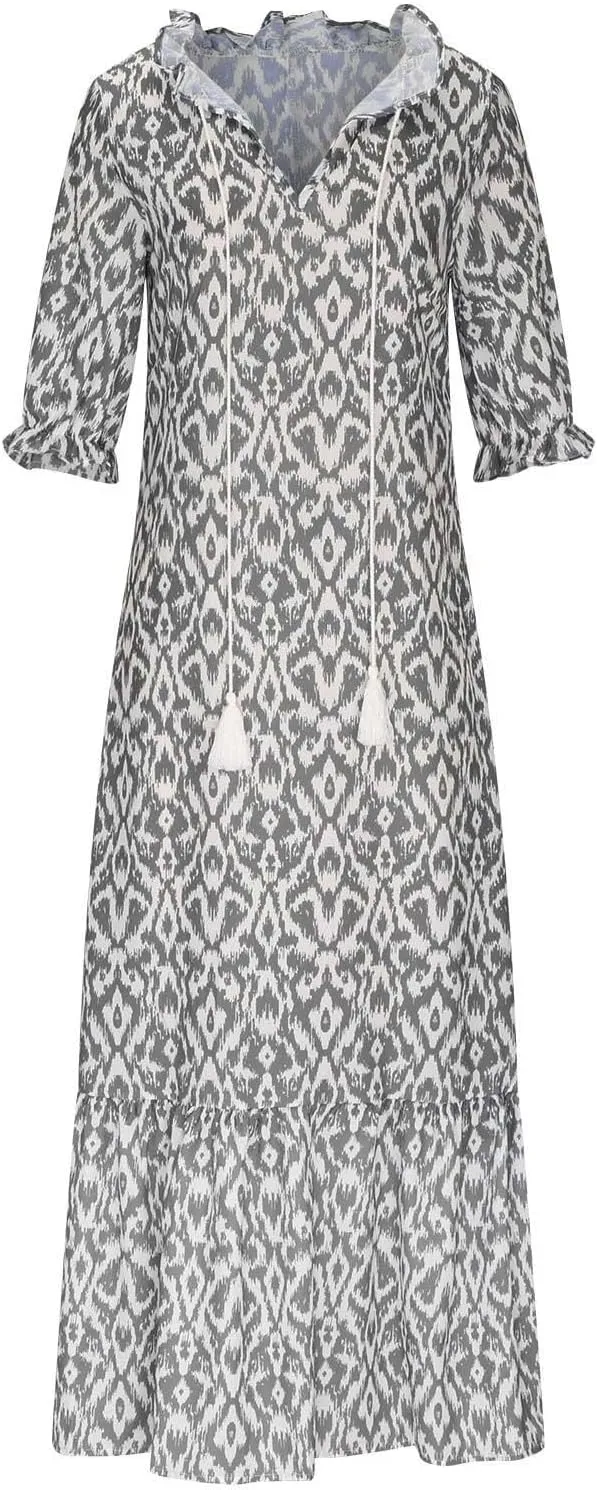Boho Dresses for Women 2024 Summer Short Sleeve Floral Long Maxi Dresses Tassel V Neck Ruffle Flowy A-Line Dress