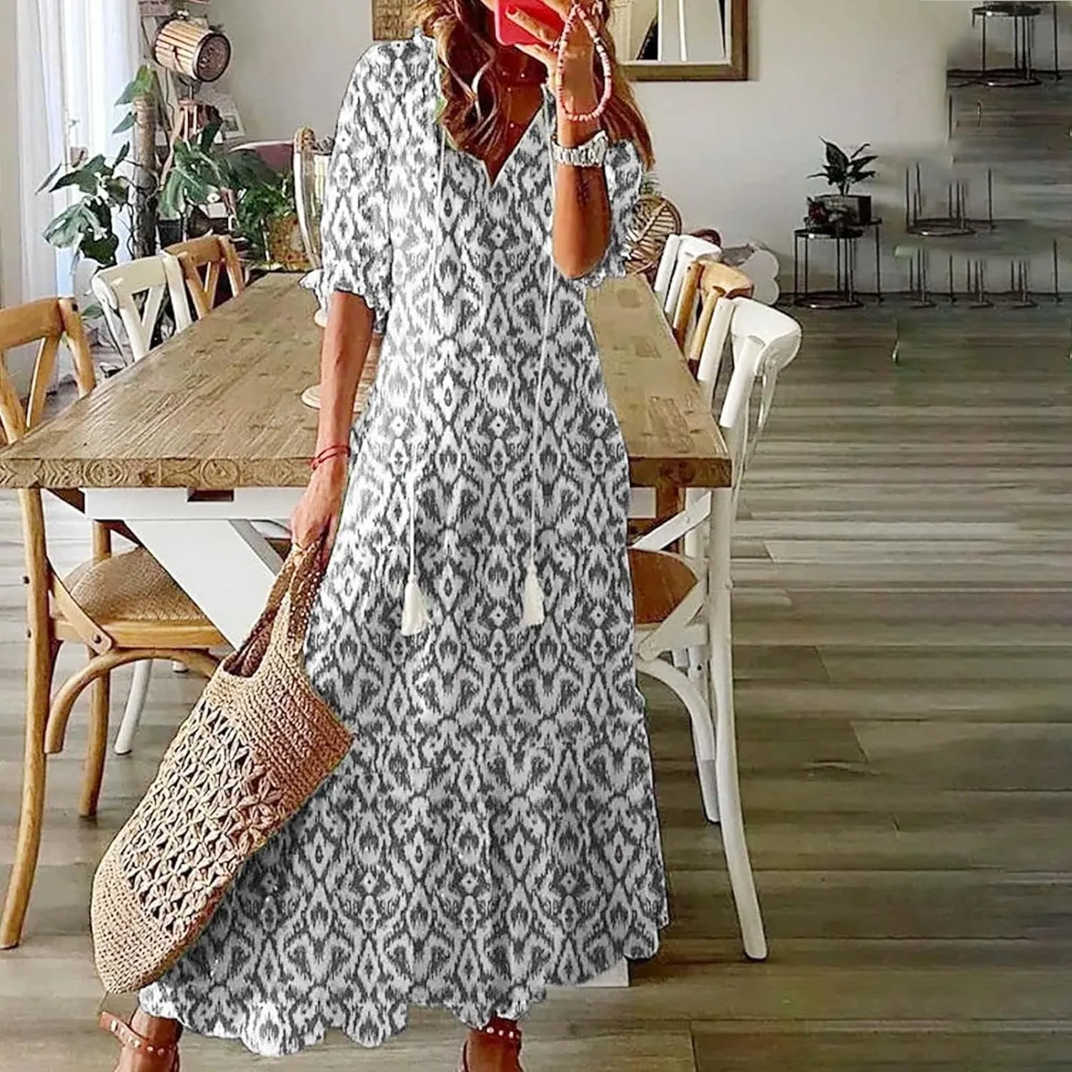 Boho Dresses for Women 2024 Summer Short Sleeve Floral Long Maxi Dresses Tassel V Neck Ruffle Flowy A-Line Dress
