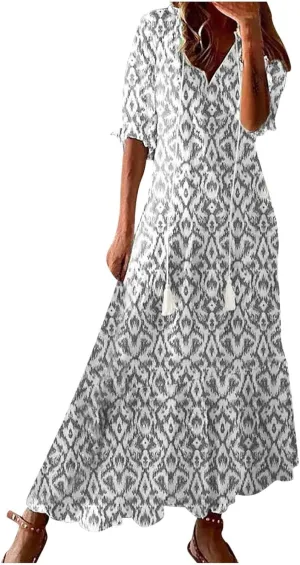 Boho Dresses for Women 2024 Summer Short Sleeve Floral Long Maxi Dresses Tassel V Neck Ruffle Flowy A-Line Dress