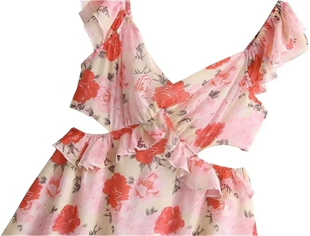 Boho Floral Mini Sundress Women Sleeveless Sexy Backless Beach Dress with Ruffles Tie Back Summer Casual Party Dress