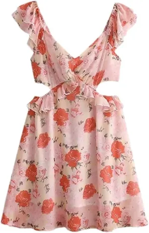 Boho Floral Mini Sundress Women Sleeveless Sexy Backless Beach Dress with Ruffles Tie Back Summer Casual Party Dress