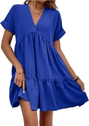 Canbebig Women's Roll Up Short Sleeve V Neck Ruffle Hem Solid Swing Smock Dress Casual Loose Fit Mini Dress Summer Beach Wear