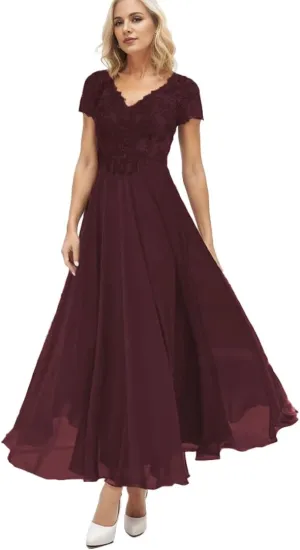 Casual Mother of The Bride Dresses for Wedding Tea Length Lace Applique Chiffon Short Sleeve Formal Dresses for Women