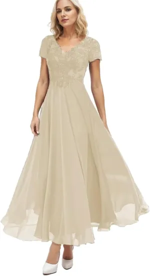 Casual Mother of The Bride Dresses for Wedding Tea Length Lace Applique Chiffon Short Sleeve Formal Dresses for Women