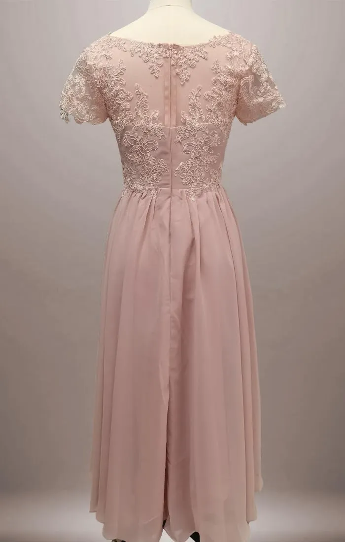 Casual Mother of The Bride Dresses for Wedding Tea Length Lace Applique Chiffon Short Sleeve Formal Dresses for Women