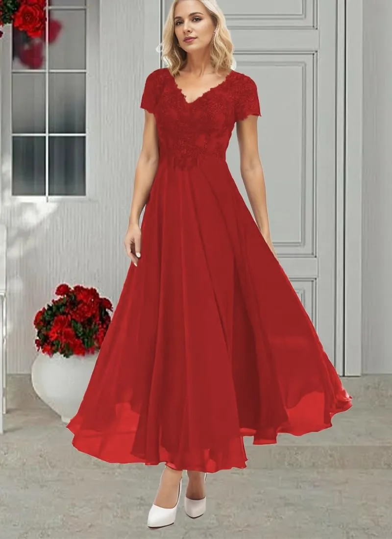 Casual Mother of The Bride Dresses for Wedding Tea Length Lace Applique Chiffon Short Sleeve Formal Dresses for Women