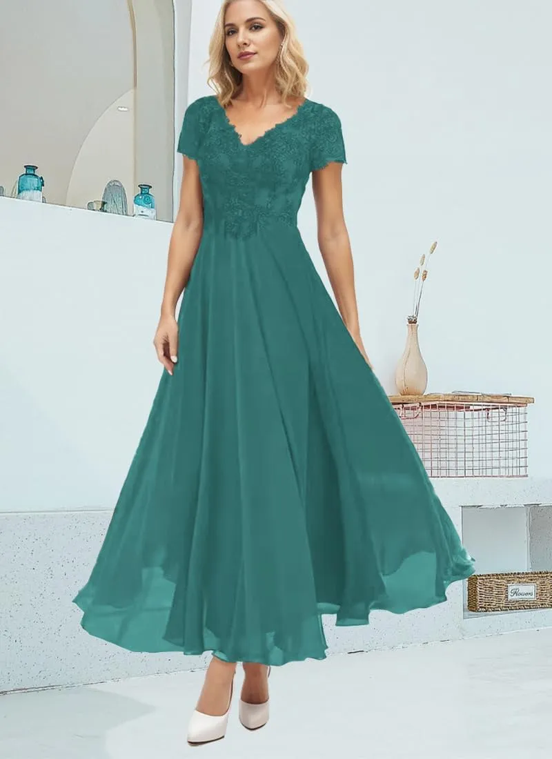 Casual Mother of The Bride Dresses for Wedding Tea Length Lace Applique Chiffon Short Sleeve Formal Dresses for Women