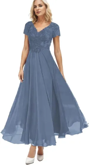 Casual Mother of The Bride Dresses for Wedding Tea Length Lace Applique Chiffon Short Sleeve Formal Dresses for Women