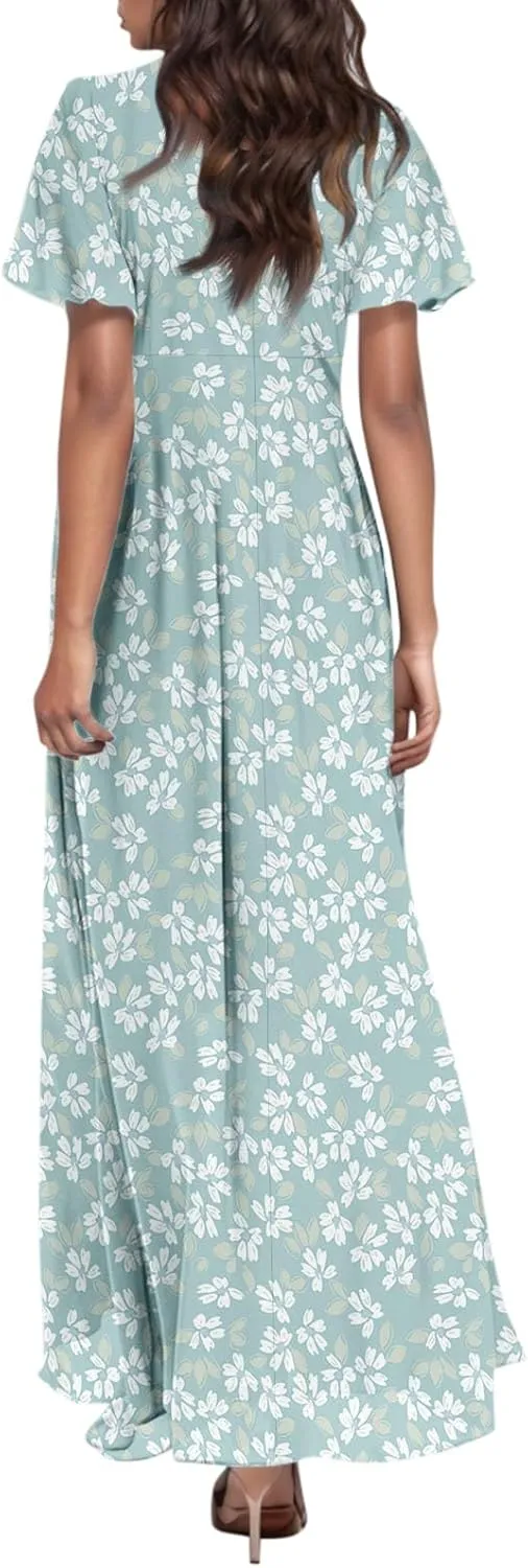 Church Dresses for Women 2025 Summer Short Sleeve Chiffon Floral Modest Dress Retro Boho Wedding Guest Dress