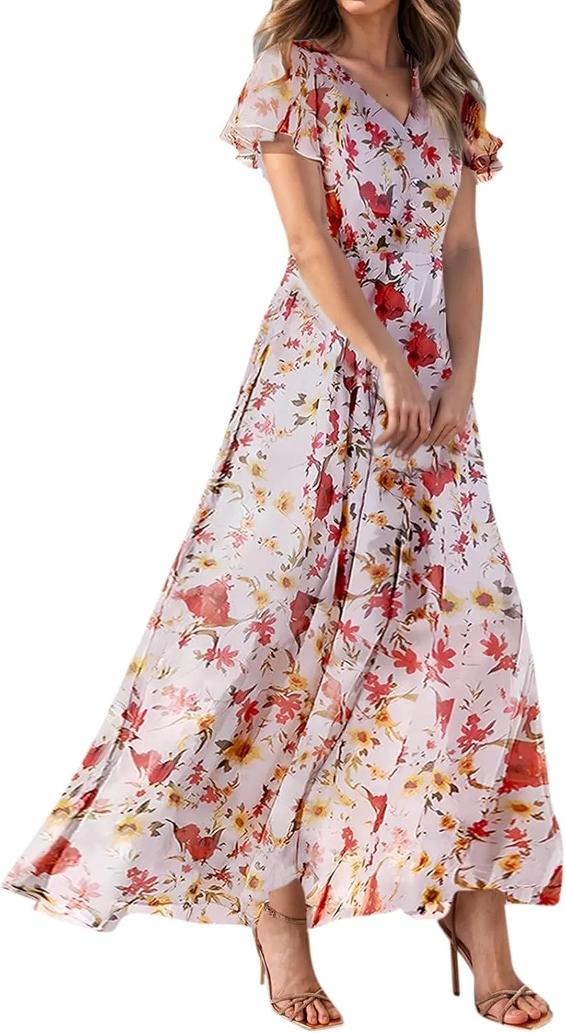 Church Dresses for Women 2025 Summer Short Sleeve Chiffon Floral Modest Dress Retro Boho Wedding Guest Dress