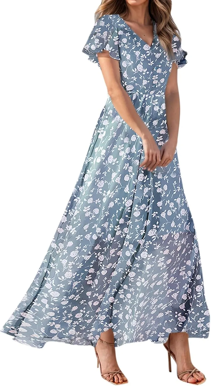 Church Dresses for Women 2025 Summer Short Sleeve Chiffon Floral Modest Dress Retro Boho Wedding Guest Dress