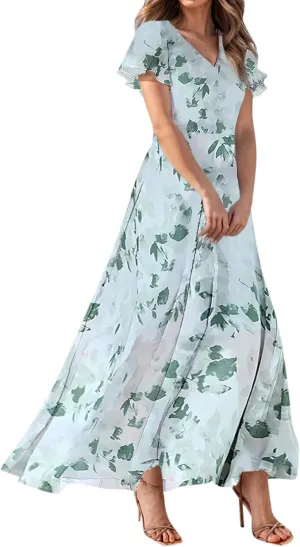 Church Dresses for Women 2025 Summer Short Sleeve Chiffon Floral Modest Dress Retro Boho Wedding Guest Dress