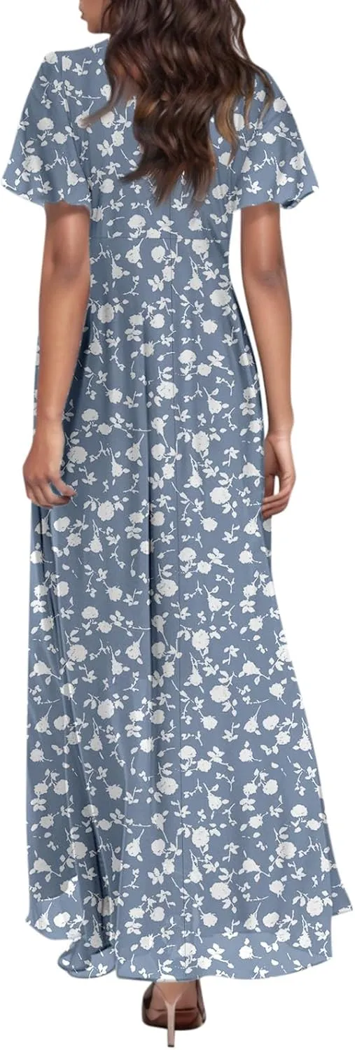 Church Dresses for Women 2025 Summer Short Sleeve Chiffon Floral Modest Dress Retro Boho Wedding Guest Dress