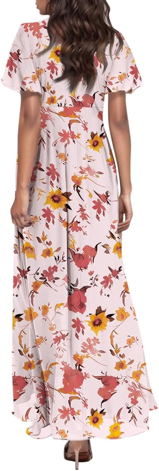 Church Dresses for Women 2025 Summer Short Sleeve Chiffon Floral Modest Dress Retro Boho Wedding Guest Dress