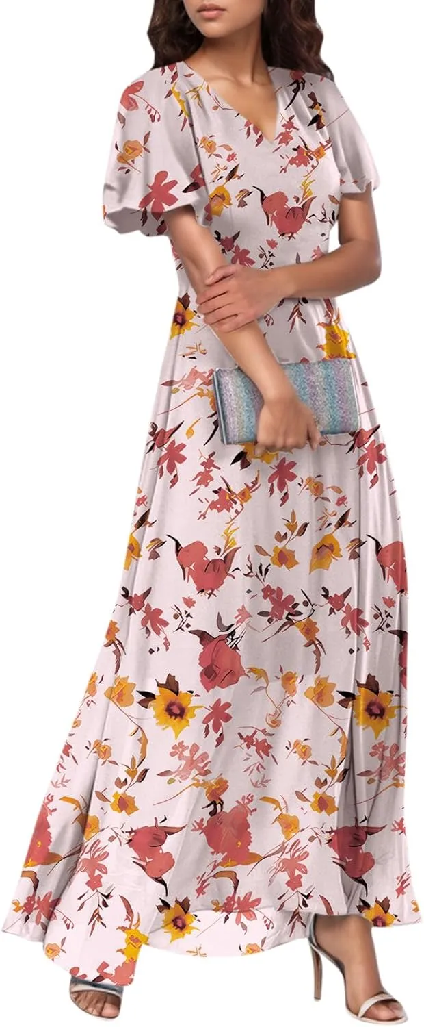 Church Dresses for Women 2025 Summer Short Sleeve Chiffon Floral Modest Dress Retro Boho Wedding Guest Dress