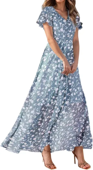 Church Dresses for Women 2025 Summer Short Sleeve Chiffon Floral Modest Dress Retro Boho Wedding Guest Dress