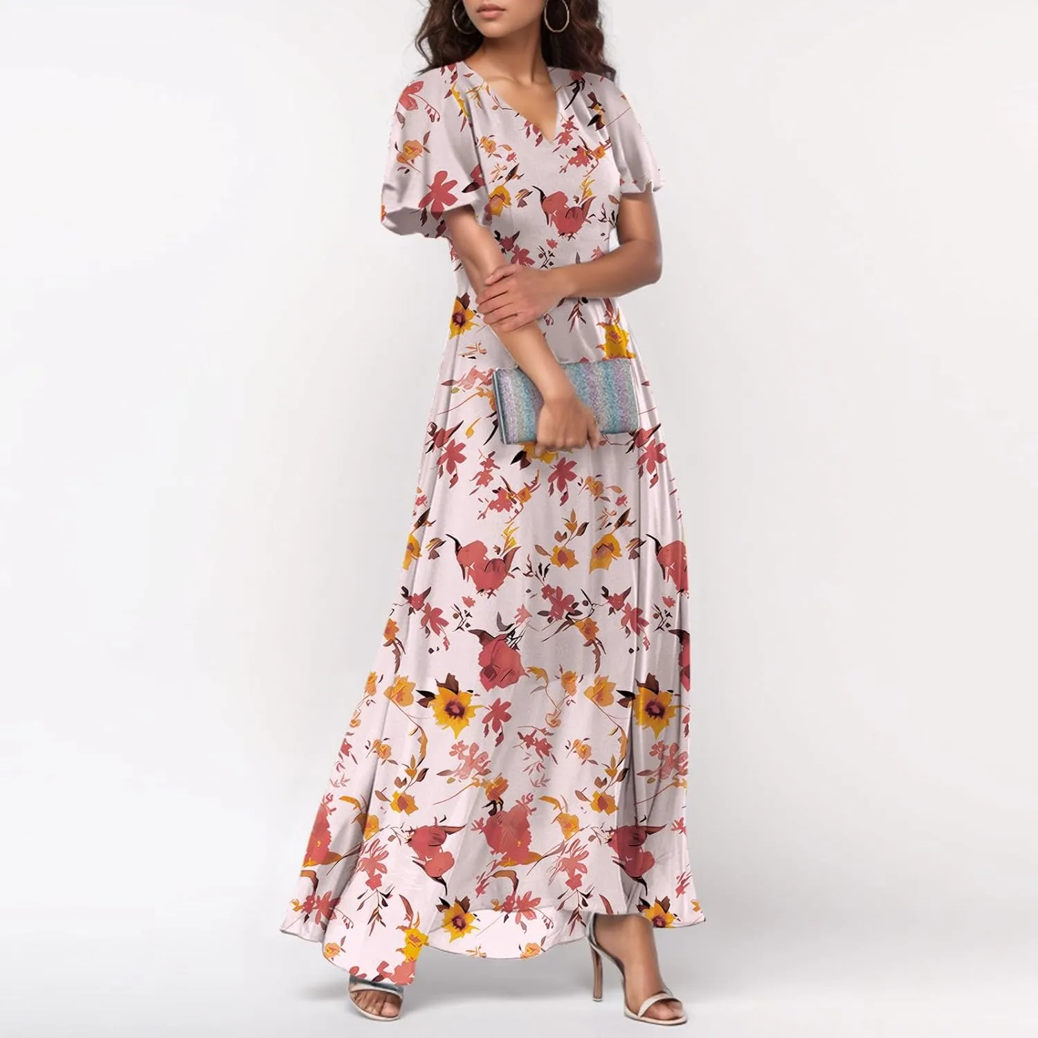 Church Dresses for Women 2025 Summer Short Sleeve Chiffon Floral Modest Dress Retro Boho Wedding Guest Dress