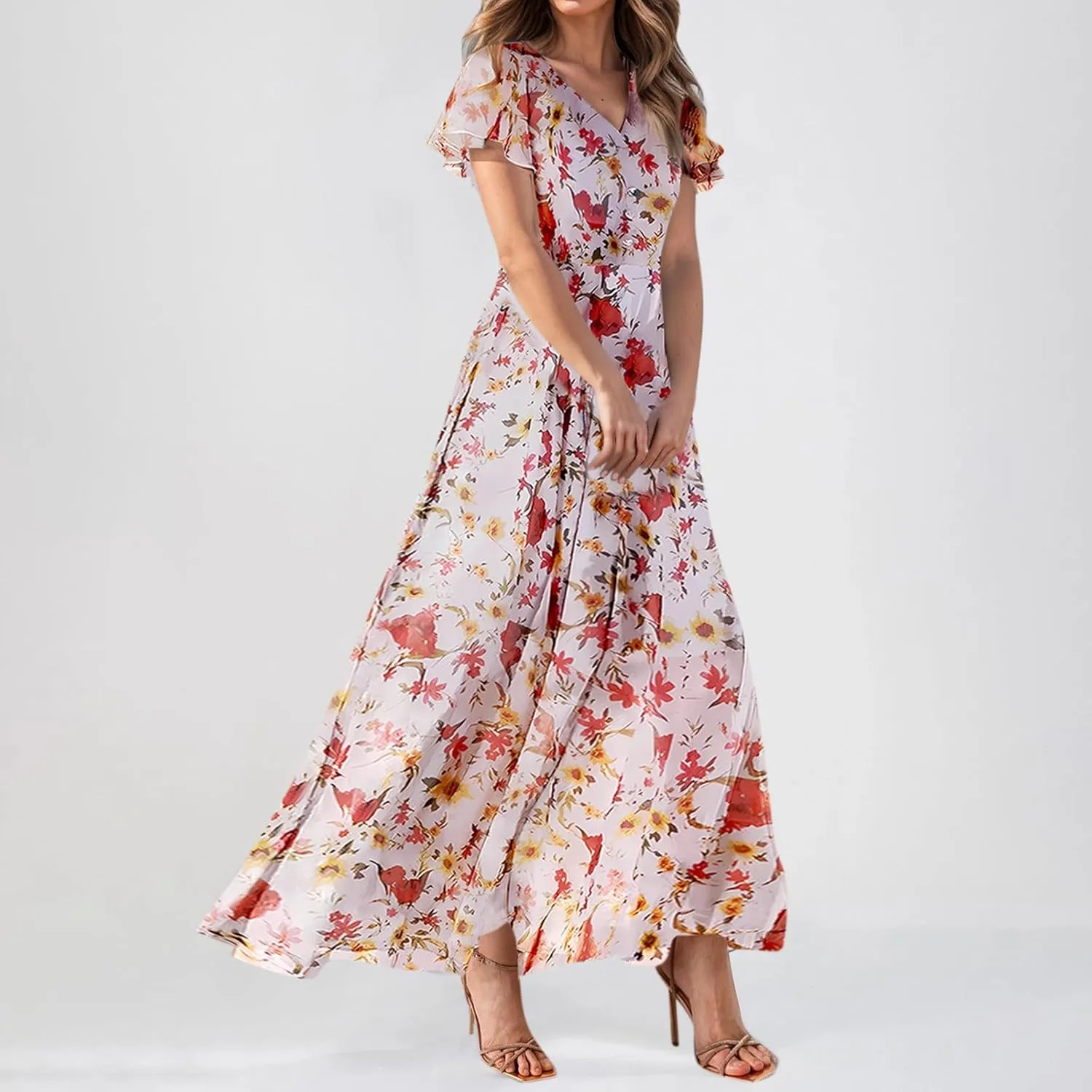Church Dresses for Women 2025 Summer Short Sleeve Chiffon Floral Modest Dress Retro Boho Wedding Guest Dress