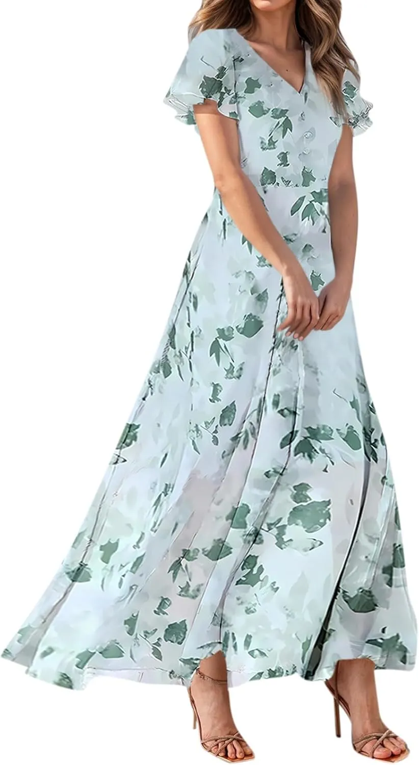 Church Dresses for Women 2025 Summer Short Sleeve Chiffon Floral Modest Dress Retro Boho Wedding Guest Dress